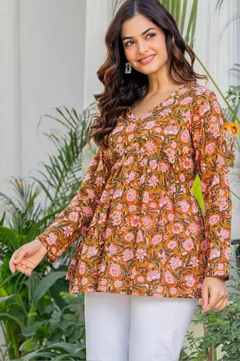 Womens orange self design cotton fabric kurtis 3/4 sleeves v-neck