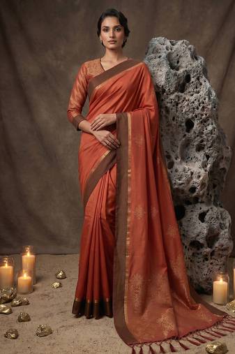 rust soft silk blend saree for women with rust blouse 
