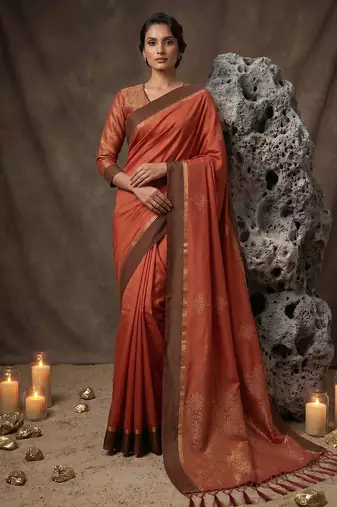 rust soft silk blend saree for women with rust blouse 