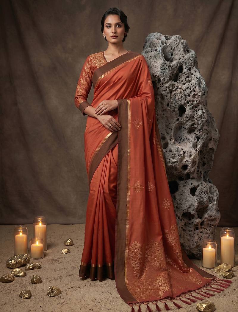 rust soft silk blend saree for women with rust blouse 