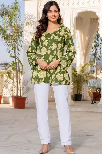 Womens green self design cotton fabric kurtis 3/4 sleeves v-neck