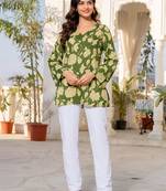 Womens green self design cotton fabric kurtis 3/4 sleeves v-neck