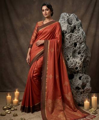 rust soft silk blend saree for women with rust blouse  2