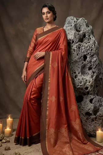 rust soft silk blend saree for women with rust blouse 