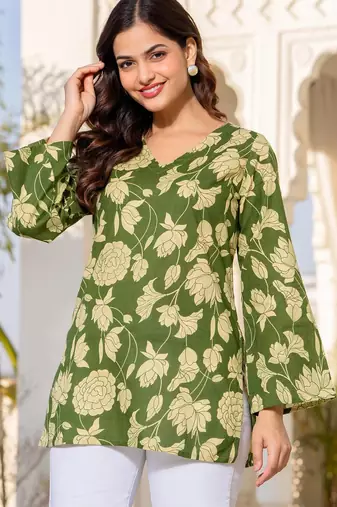 Womens green self design cotton fabric kurtis 3/4 sleeves v-neck