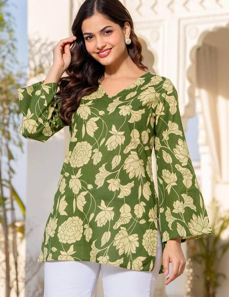 Womens green self design cotton fabric kurtis 3/4 sleeves v-neck