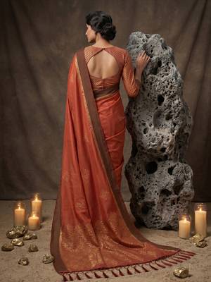 rust soft silk blend saree for women with rust blouse  3