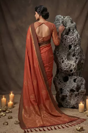 rust soft silk blend saree for women with rust blouse 