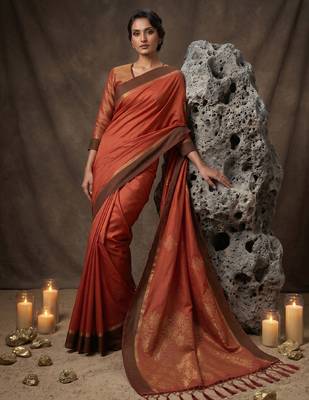 rust soft silk blend saree for women with rust blouse  4