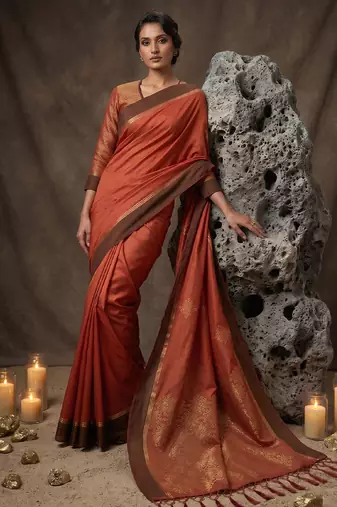 rust soft silk blend saree for women with rust blouse 