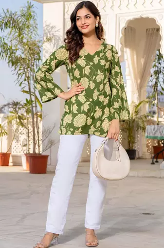 Womens green self design cotton fabric kurtis 3/4 sleeves v-neck