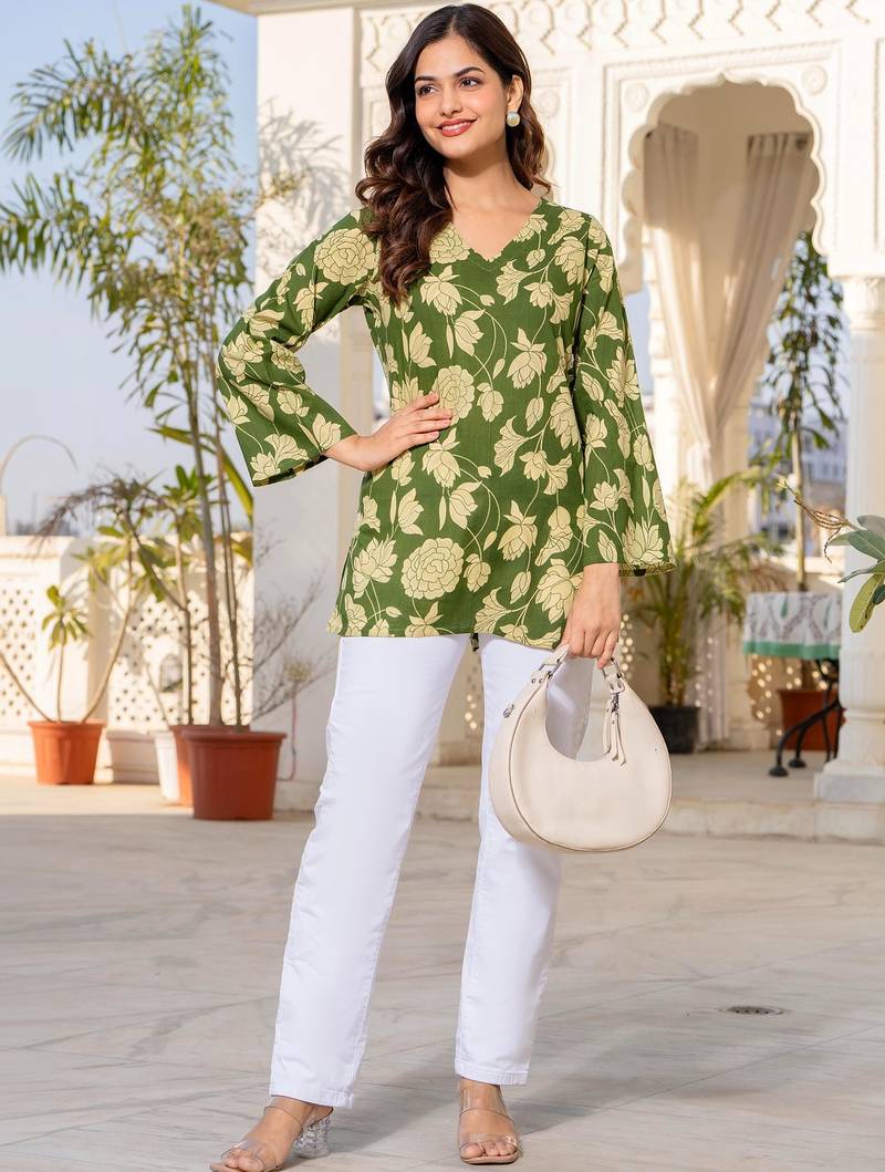 Womens green self design cotton fabric kurtis 3/4 sleeves v-neck