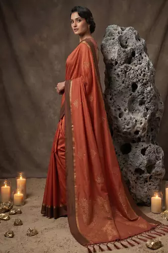 rust soft silk blend saree for women with rust blouse 