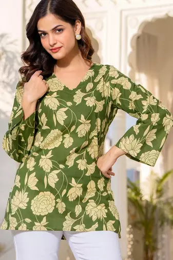 Womens green self design cotton fabric kurtis 3/4 sleeves v-neck