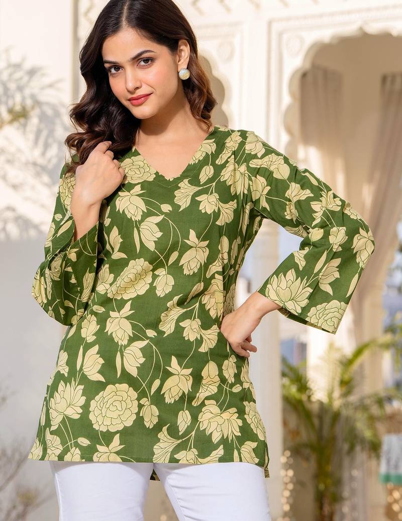 Womens green self design cotton fabric kurtis 3/4 sleeves v-neck