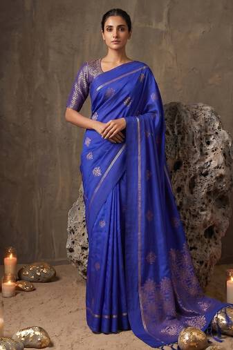 royal blue soft silk blend saree for women with blue blouse 