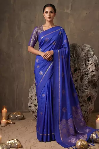 royal blue soft silk blend saree for women with blue blouse 