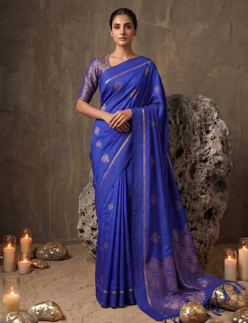 royal blue soft silk blend saree for women with blue blouse 