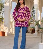 Womens purple self design cotton fabric kurtis 3/4 sleeves v-neck