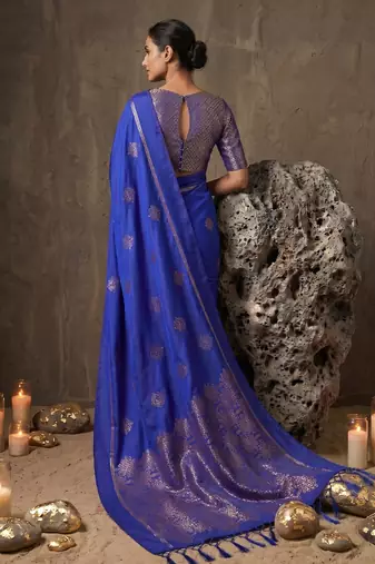 royal blue soft silk blend saree for women with blue blouse 