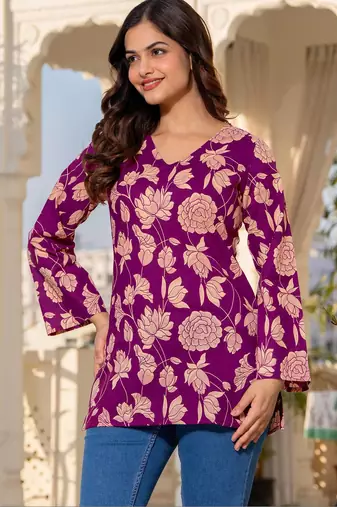 Womens purple self design cotton fabric kurtis 3/4 sleeves v-neck