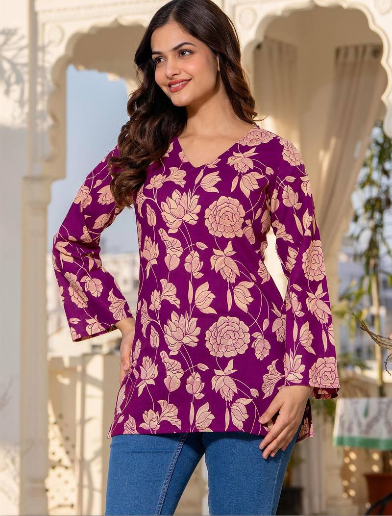 Womens purple self design cotton fabric kurtis 3/4 sleeves v-neck