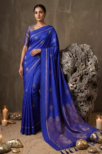 royal blue soft silk blend saree for women with blue blouse 