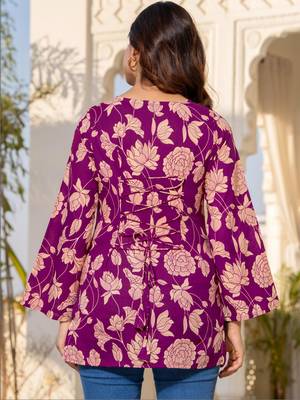 Womens purple self design cotton fabric kurtis 3/4 sleeves v-neck 3