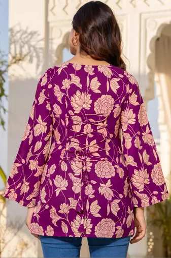 Womens purple self design cotton fabric kurtis 3/4 sleeves v-neck