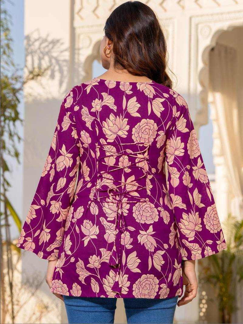 Womens purple self design cotton fabric kurtis 3/4 sleeves v-neck