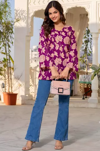 Womens purple self design cotton fabric kurtis 3/4 sleeves v-neck