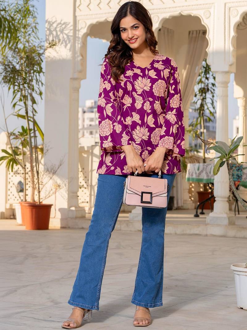 Womens purple self design cotton fabric kurtis 3/4 sleeves v-neck
