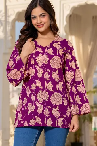 Womens purple self design cotton fabric kurtis 3/4 sleeves v-neck