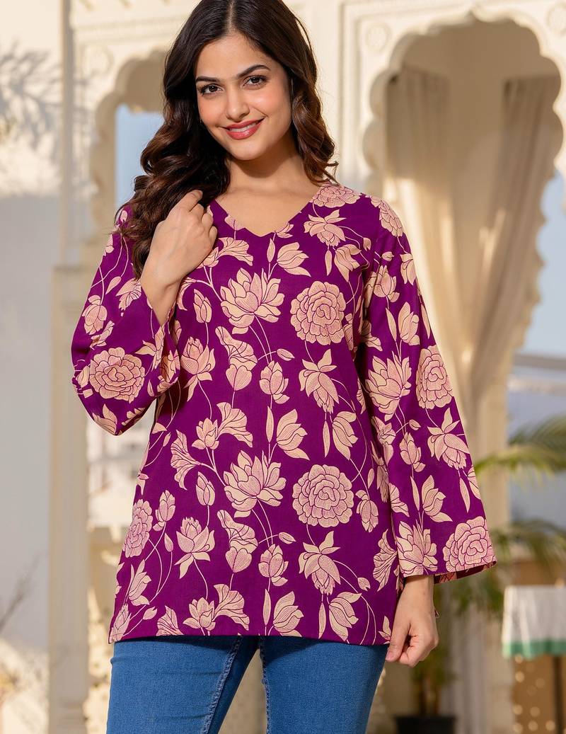 Womens purple self design cotton fabric kurtis 3/4 sleeves v-neck