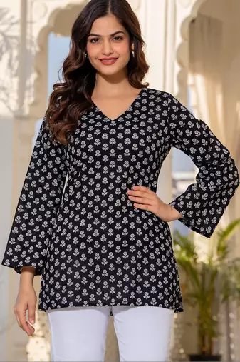 Womens black self design cotton fabric kurtis 3/4 sleeves v-neck