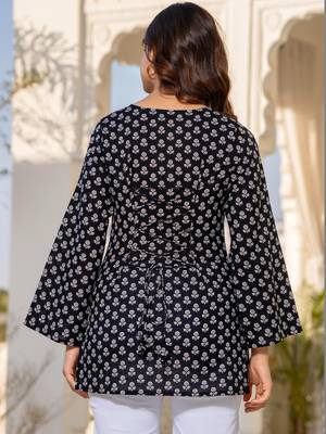 Womens black self design cotton fabric kurtis 3/4 sleeves v-neck 3