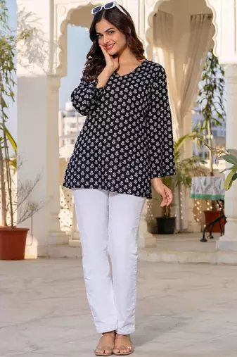Womens black self design cotton fabric kurtis 3/4 sleeves v-neck
