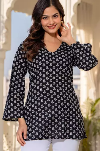 Womens black self design cotton fabric kurtis 3/4 sleeves v-neck