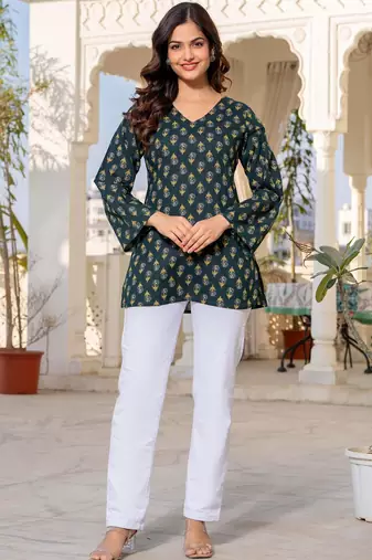 Womens green self design cotton fabric kurtis 3/4 sleeves v-neck