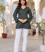 Womens green self design cotton fabric kurtis 3/4 sleeves v-neck