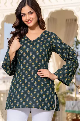 Womens green self design cotton fabric kurtis 3/4 sleeves v-neck