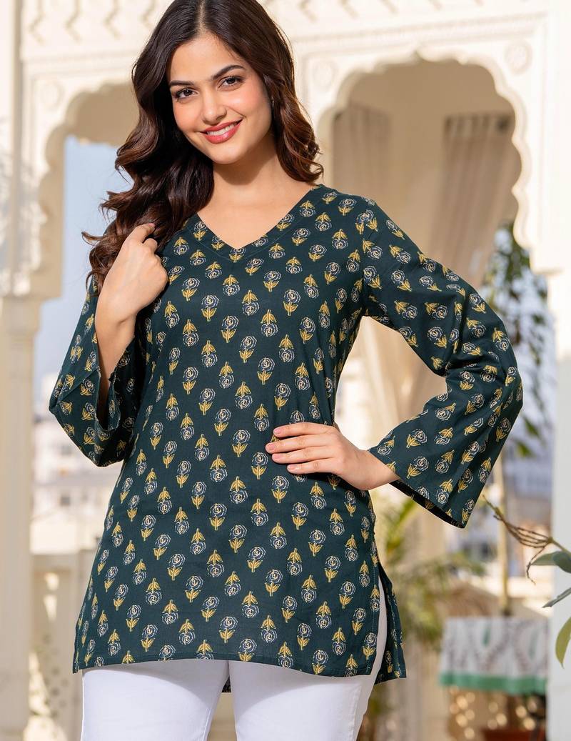 Womens green self design cotton fabric kurtis 3/4 sleeves v-neck