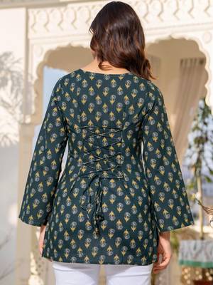 Womens green self design cotton fabric kurtis 3/4 sleeves v-neck 3