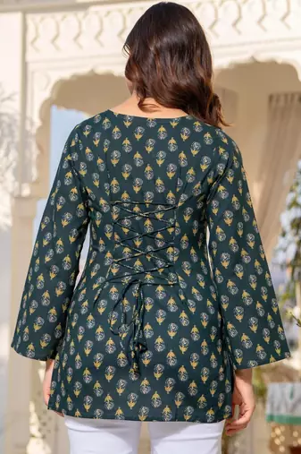 Womens green self design cotton fabric kurtis 3/4 sleeves v-neck