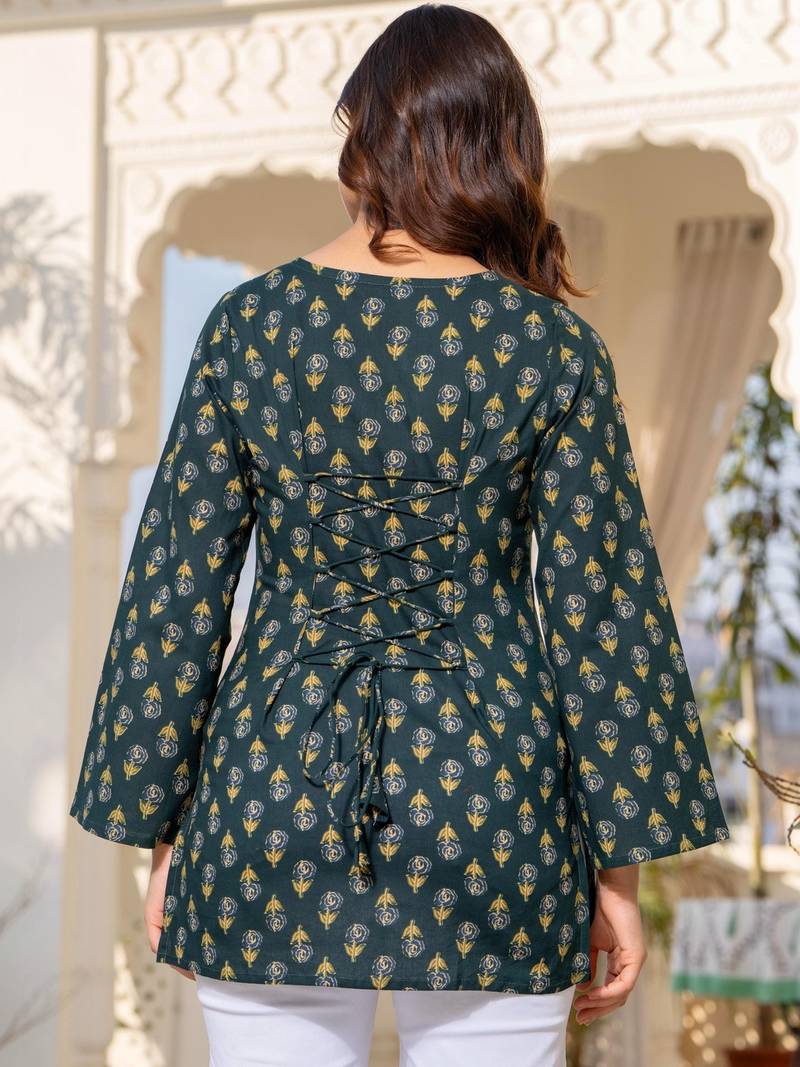 Womens green self design cotton fabric kurtis 3/4 sleeves v-neck