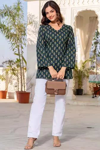 Womens green self design cotton fabric kurtis 3/4 sleeves v-neck