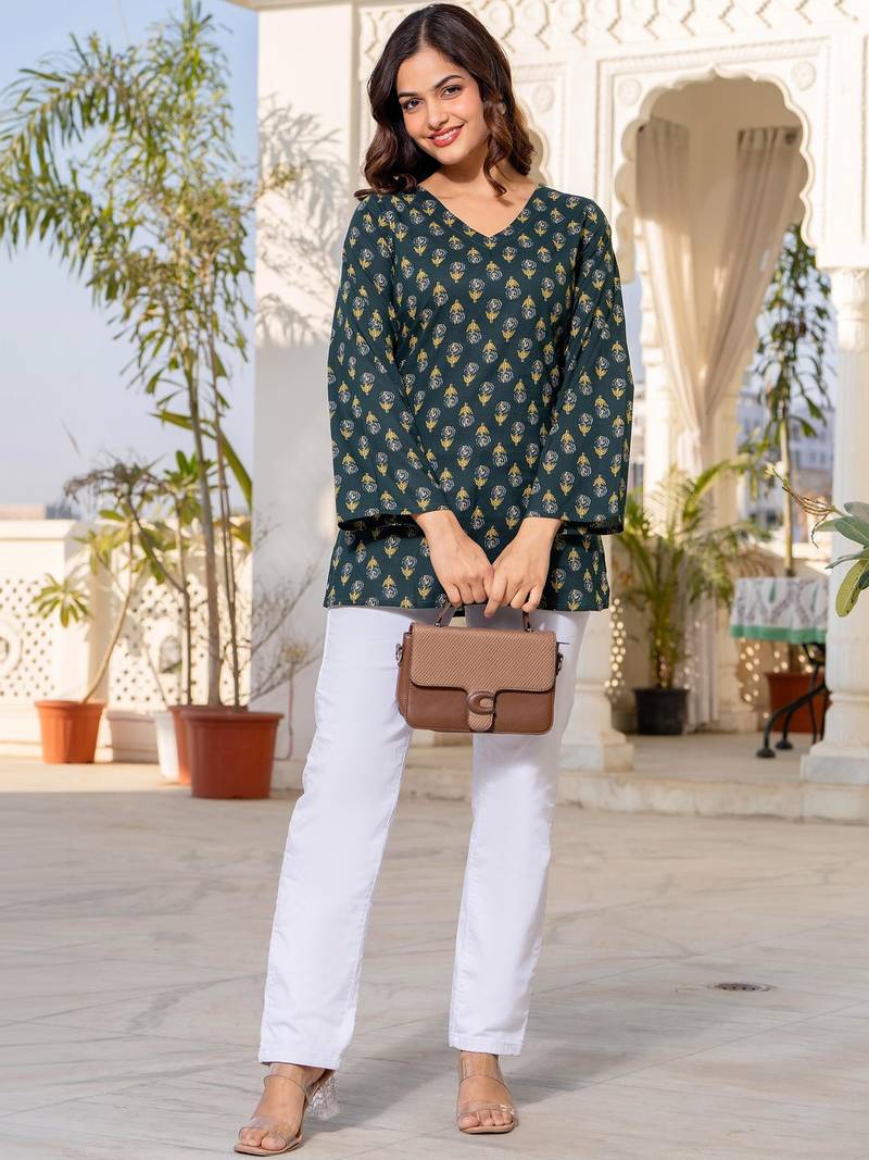 Womens green self design cotton fabric kurtis 3/4 sleeves v-neck