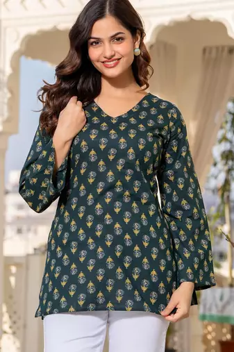 Womens green self design cotton fabric kurtis 3/4 sleeves v-neck