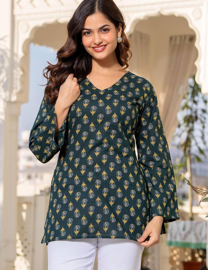 Womens green self design cotton fabric kurtis 3/4 sleeves v-neck