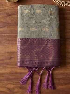 elegant linen saree with purple border - festive & wedding wear for women 4